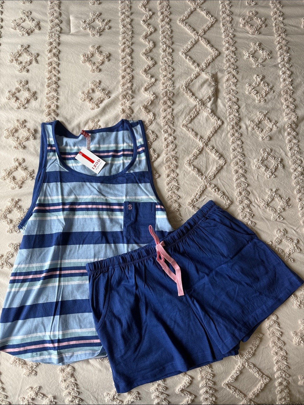 Izod Blue Striped Tank and Navy Shorts Pajama Set with Pink Drawstring